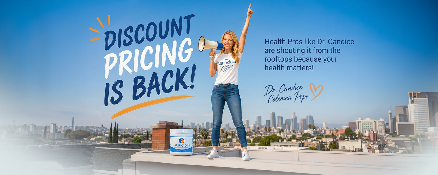 Woman on a rooftop with a megaphone, discount pricing text, and cityscape background