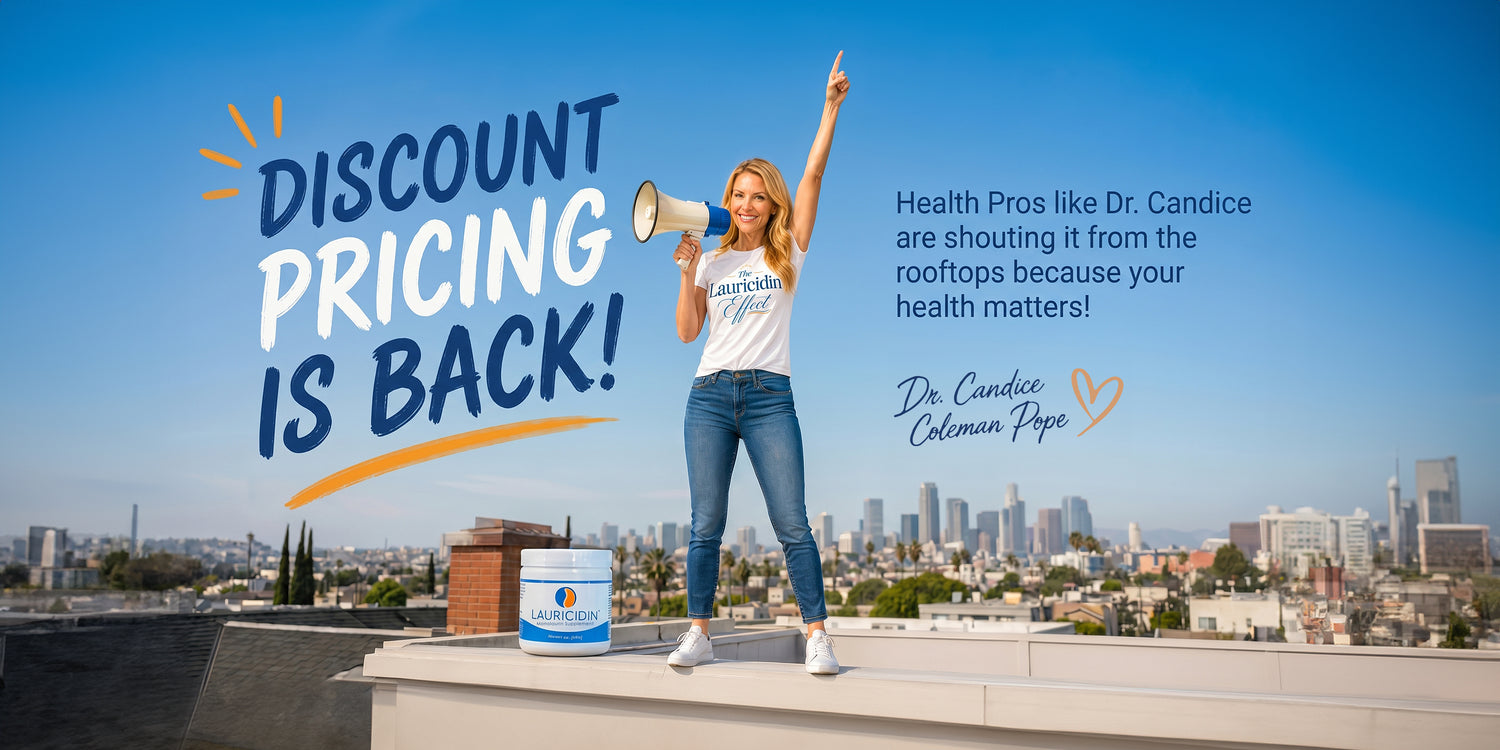 Person on a rooftop with promotional text about discount pricing and health professionals, with a cityscape in the background.