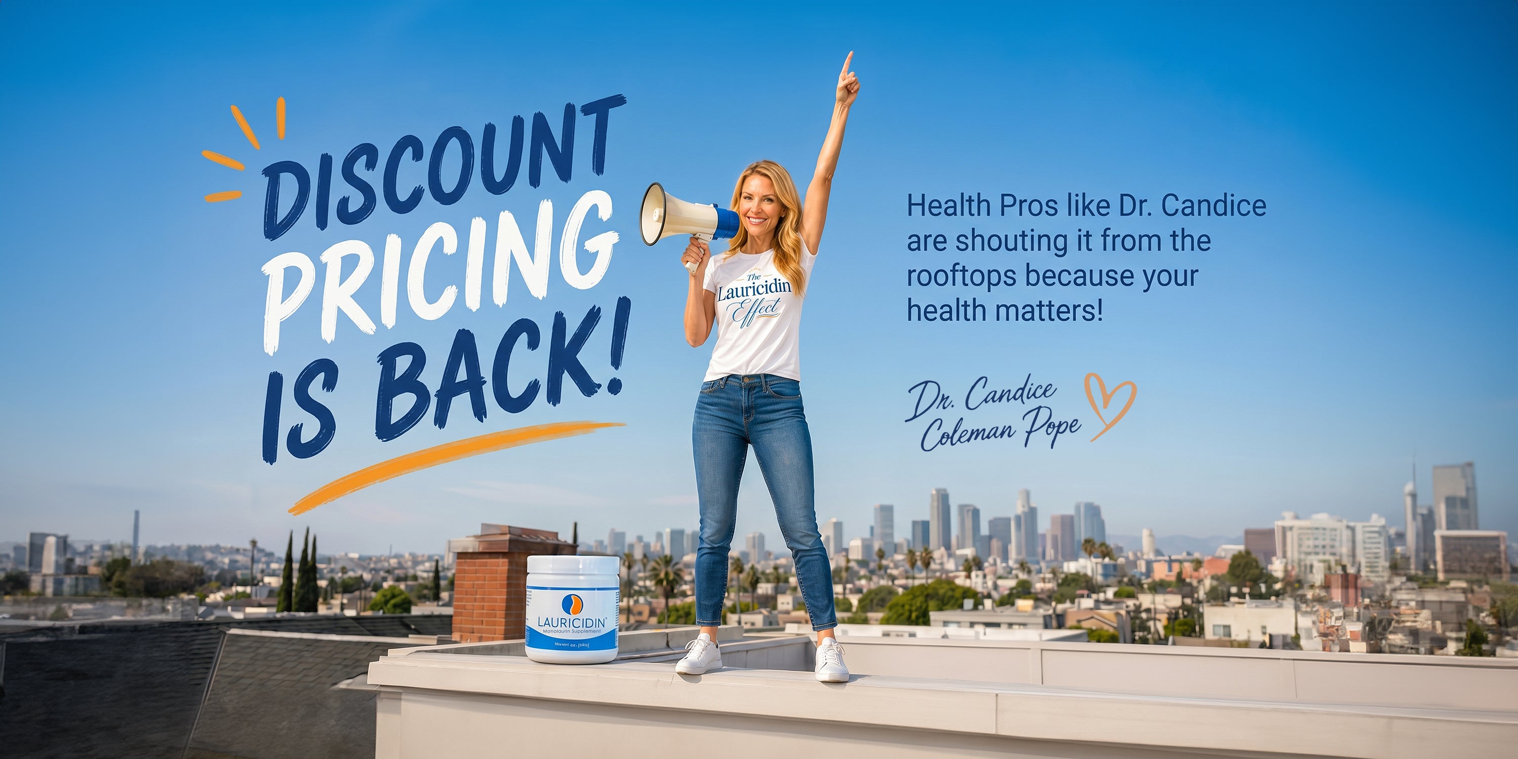Person on a rooftop with promotional text about discount pricing and health professionals, with a cityscape in the background.
