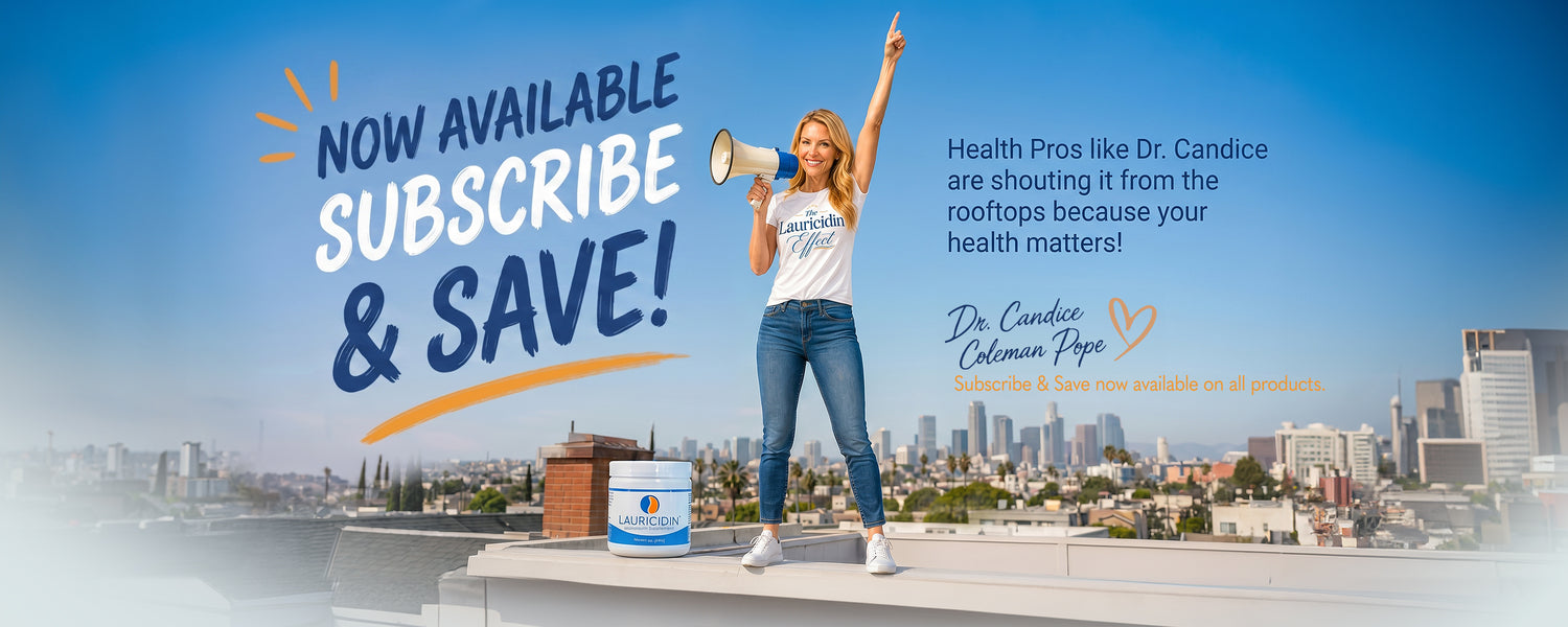 Woman on a rooftop with a megaphone, promoting 'Subscribe & Save' with a cityscape in the background.