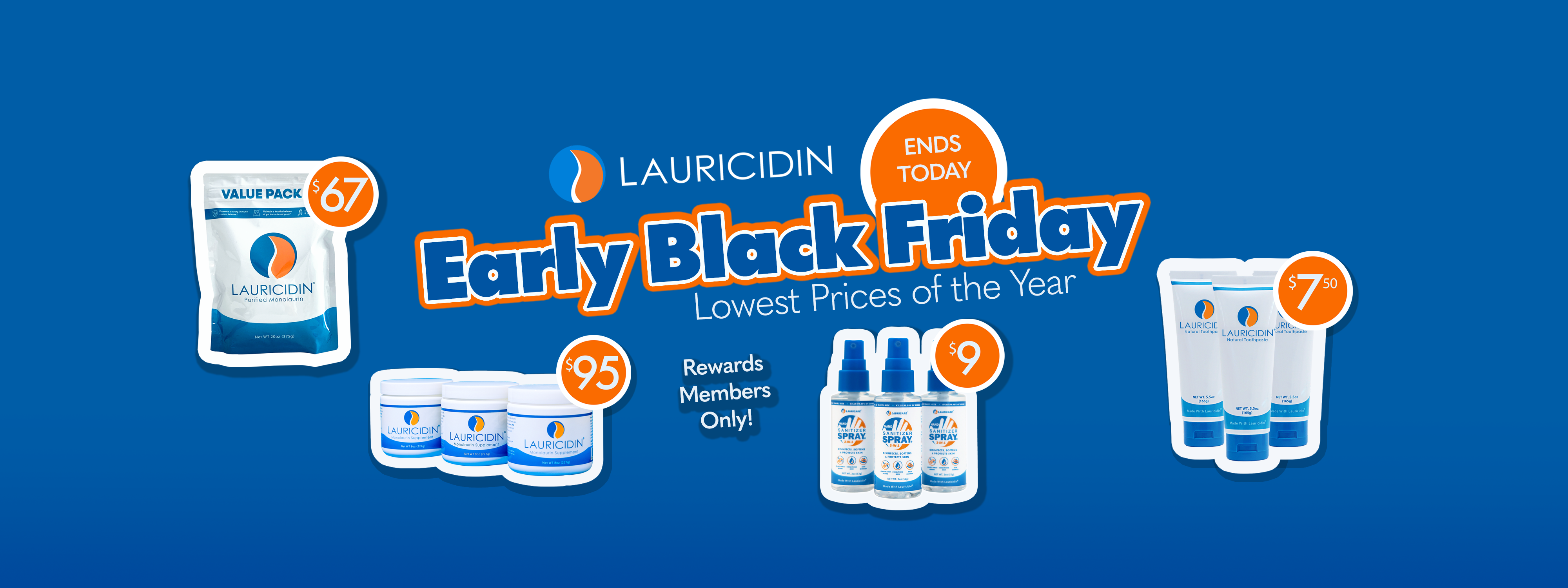 Lauricidin Black Friday promotion with product images and text on a blue background