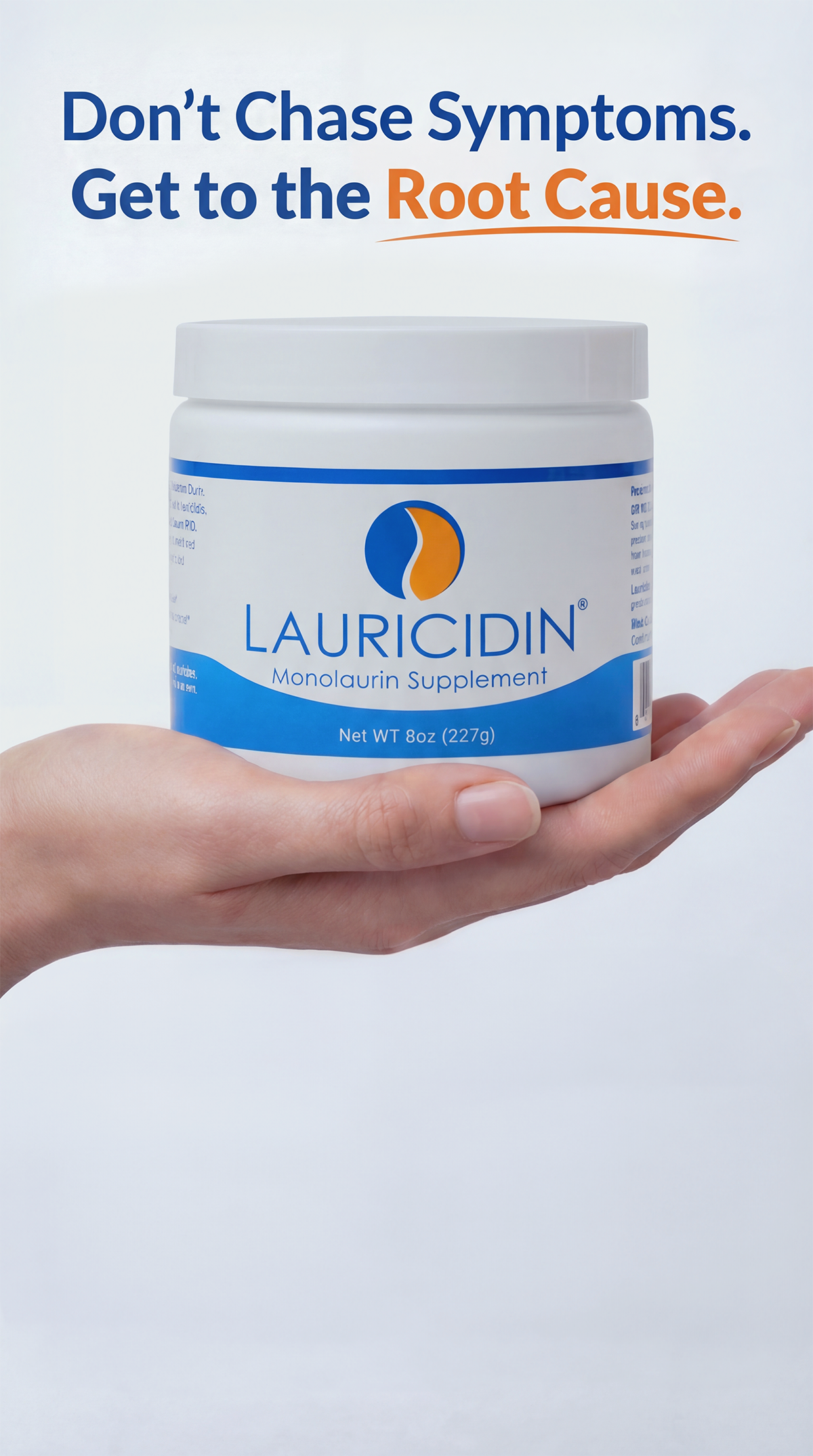 Hand holding a Lauricidin supplement container with promotional text on a white background