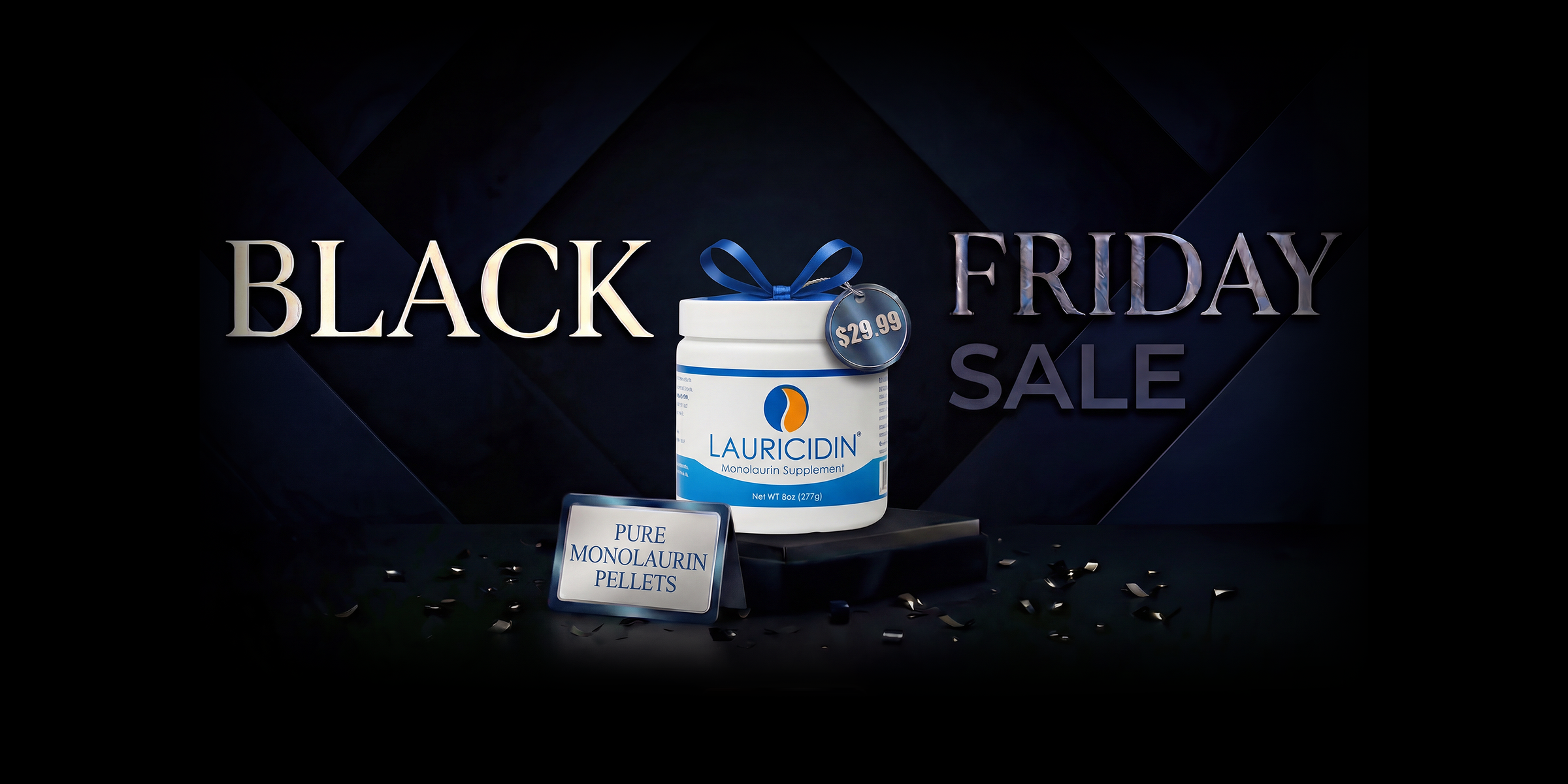 Lauricidin product with 'Black Friday Sale' text on a dark background