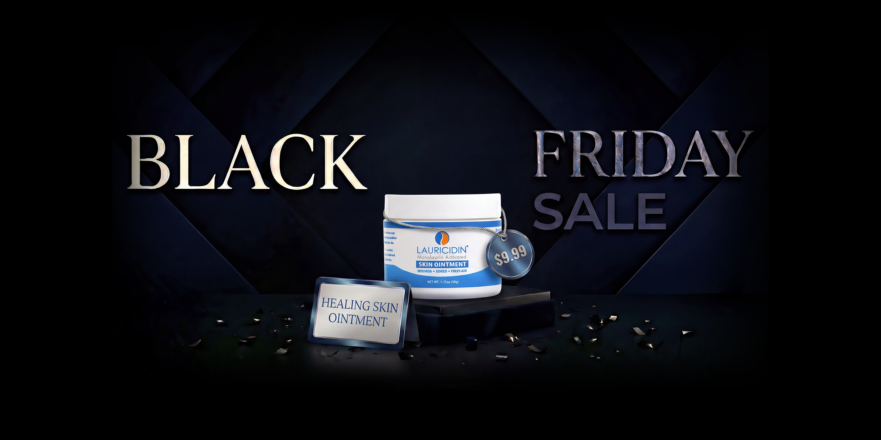 Auricure Healing Skin Ointment jar with a Black Friday sale banner on a dark background