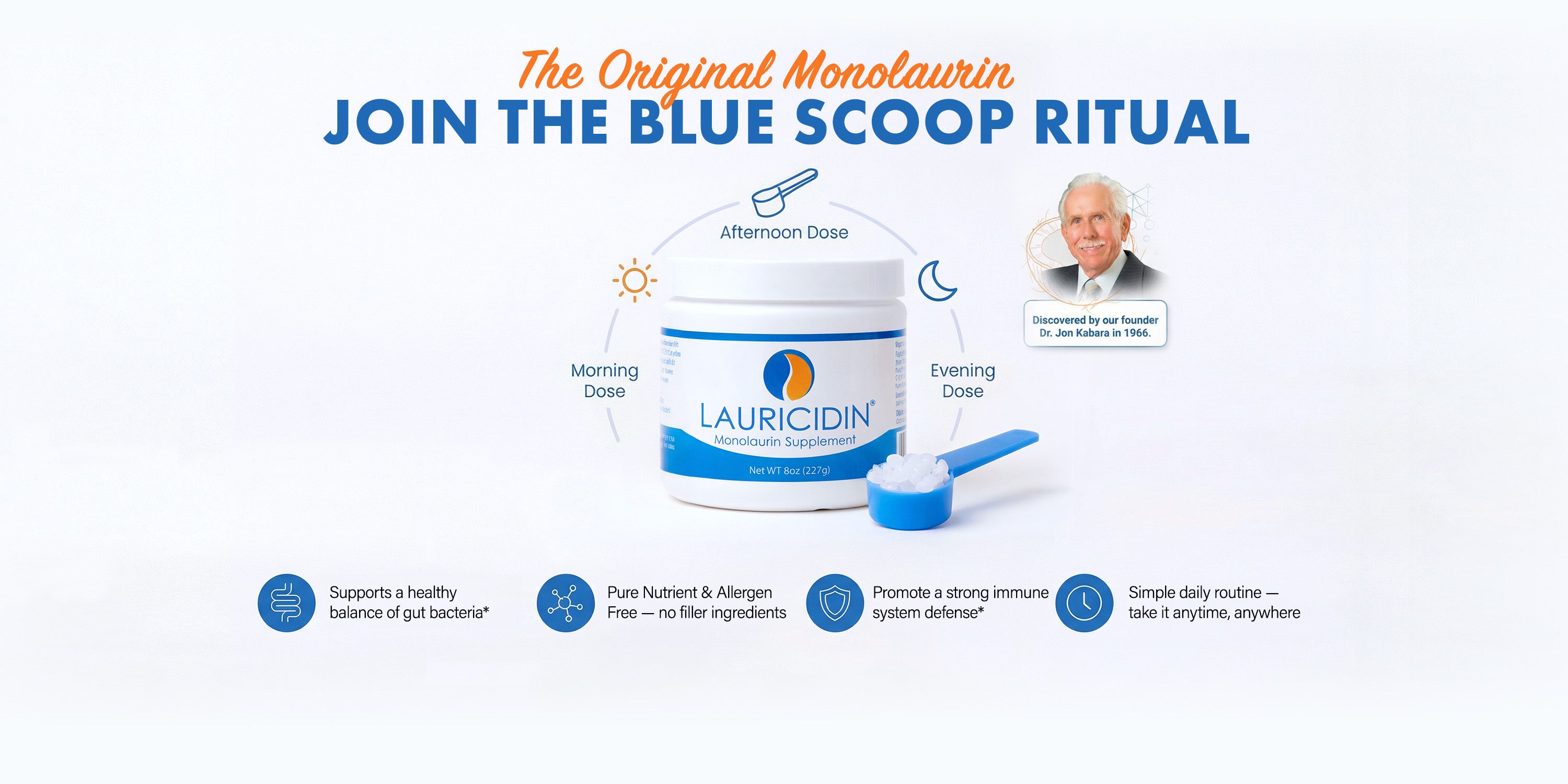 Lauricidin supplement container with text about the 'Blue Scoop Ritual' on a white background