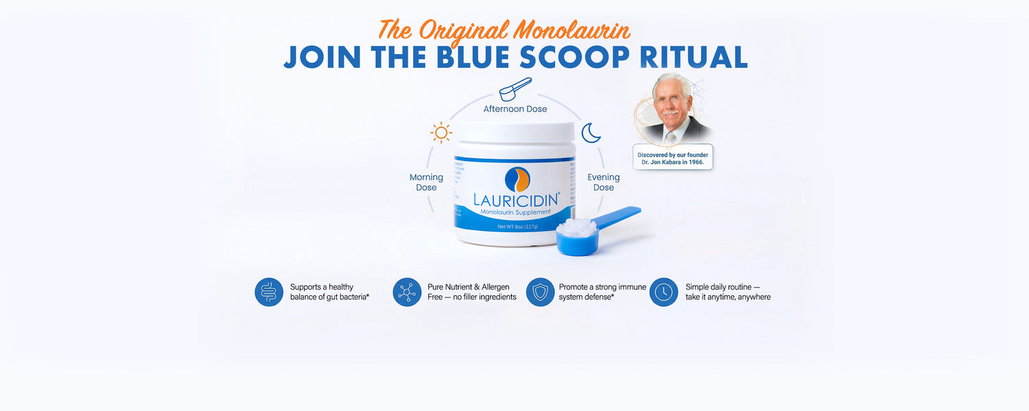 Lauricidin product with text 'Join the Blue Scoop Ritual' on a white background