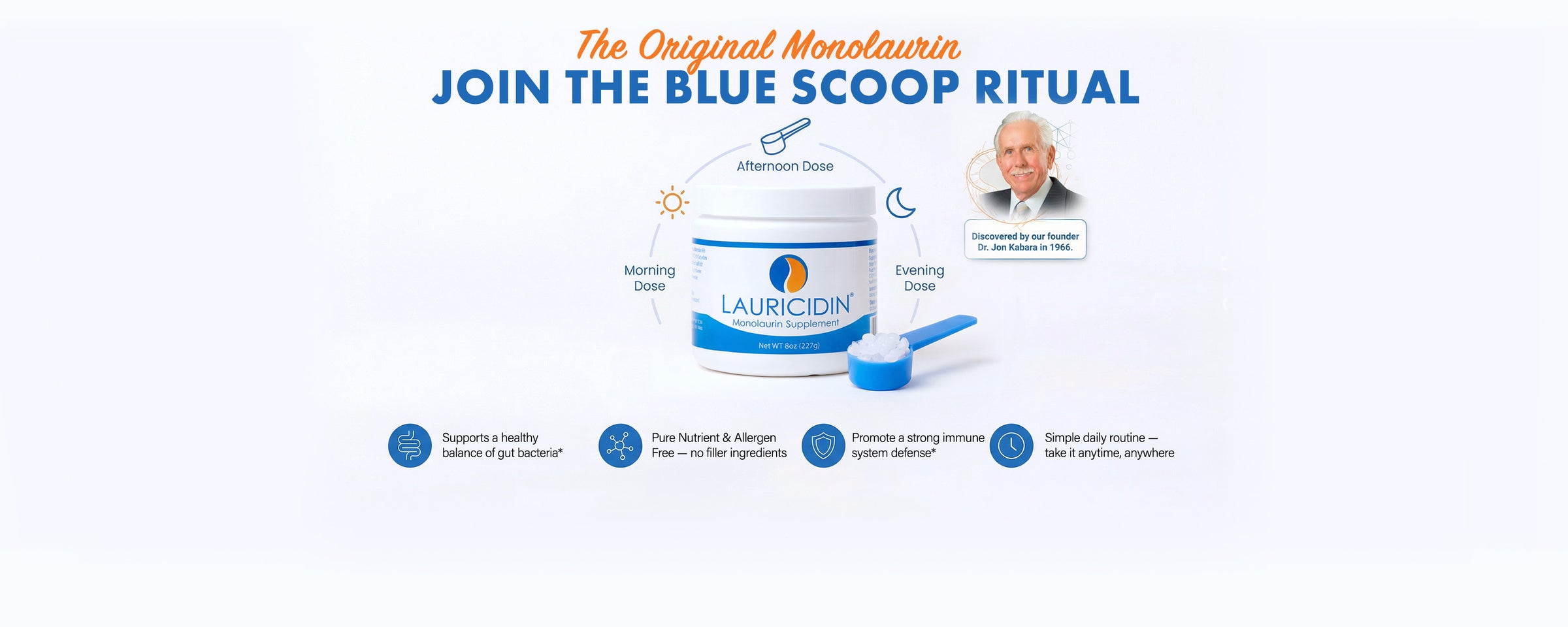 Lauricidin product with text 'Join the Blue Scoop Ritual' on a white background