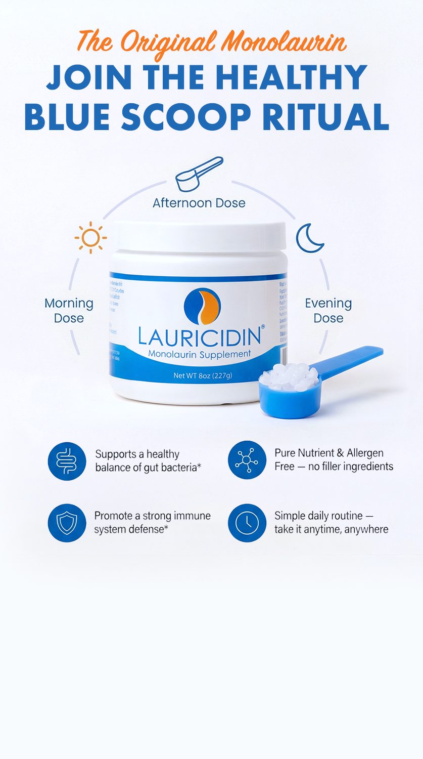 Lauricidin supplement container with scoop and promotional text on a white background