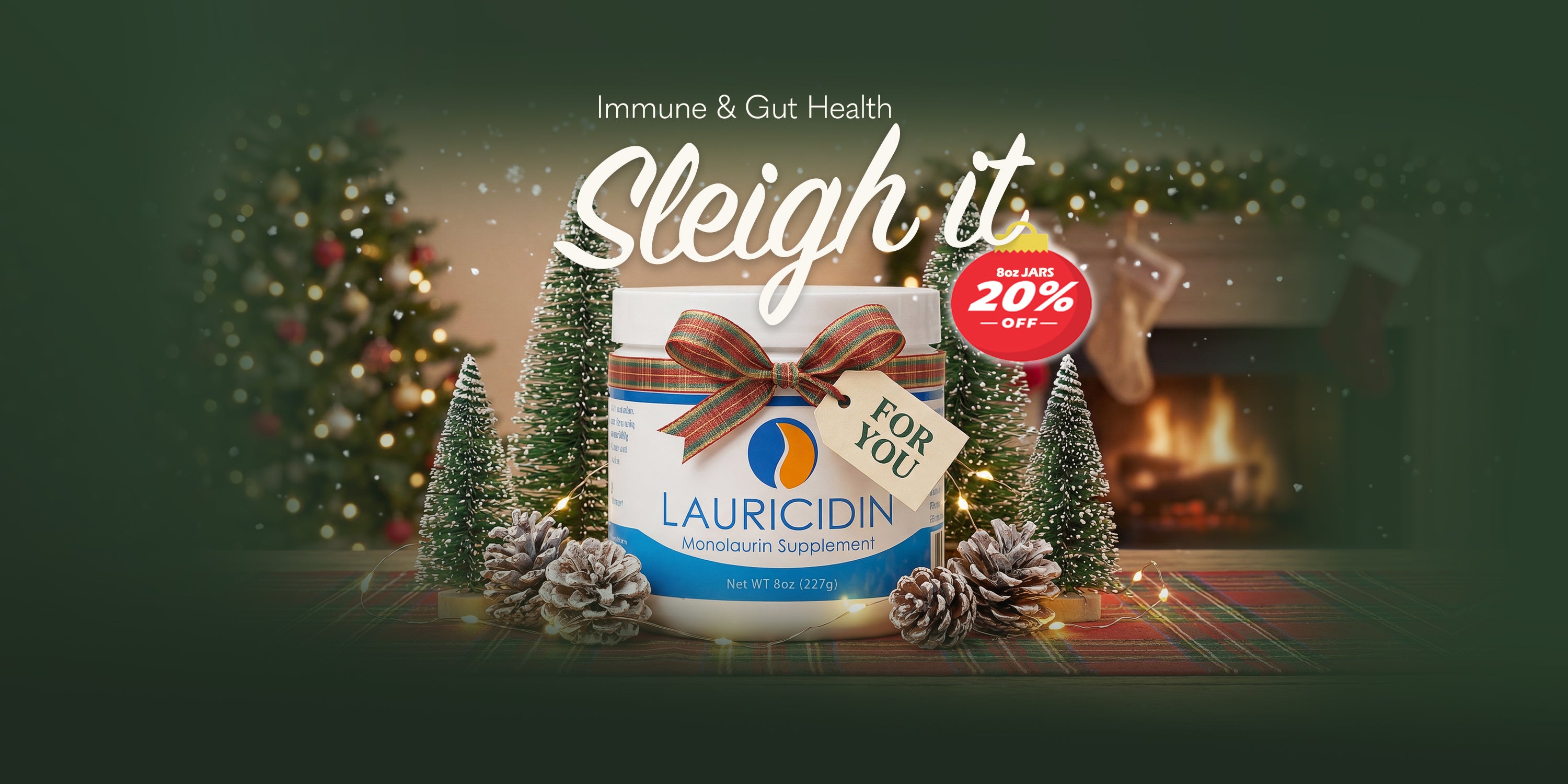 Lauricidin supplement packaging with a Christmas tree and fireplace in the background