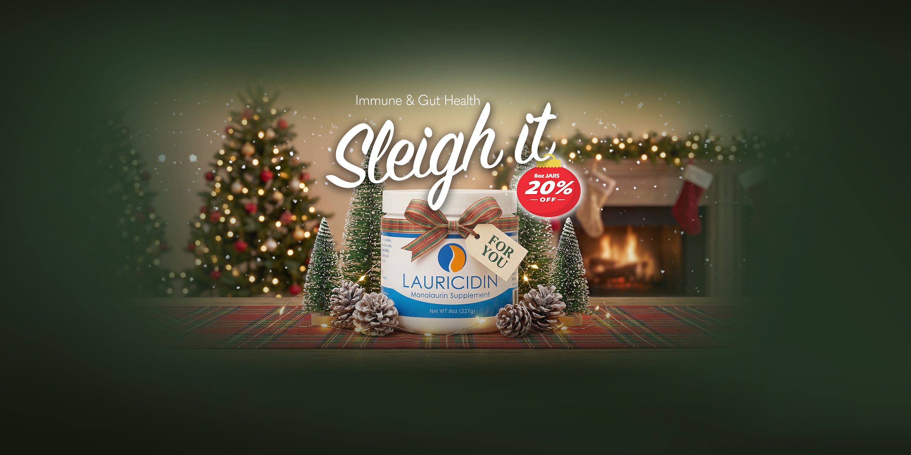 Auricidin product on a festive background with Christmas tree and fireplace