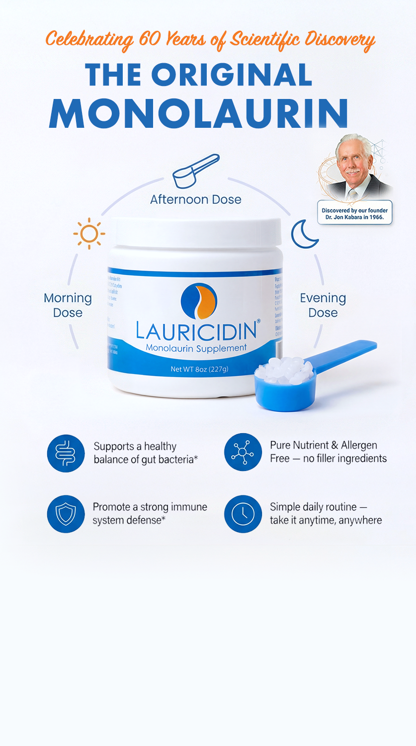 Lauricidin supplement container with dosing information and branding details on a white background