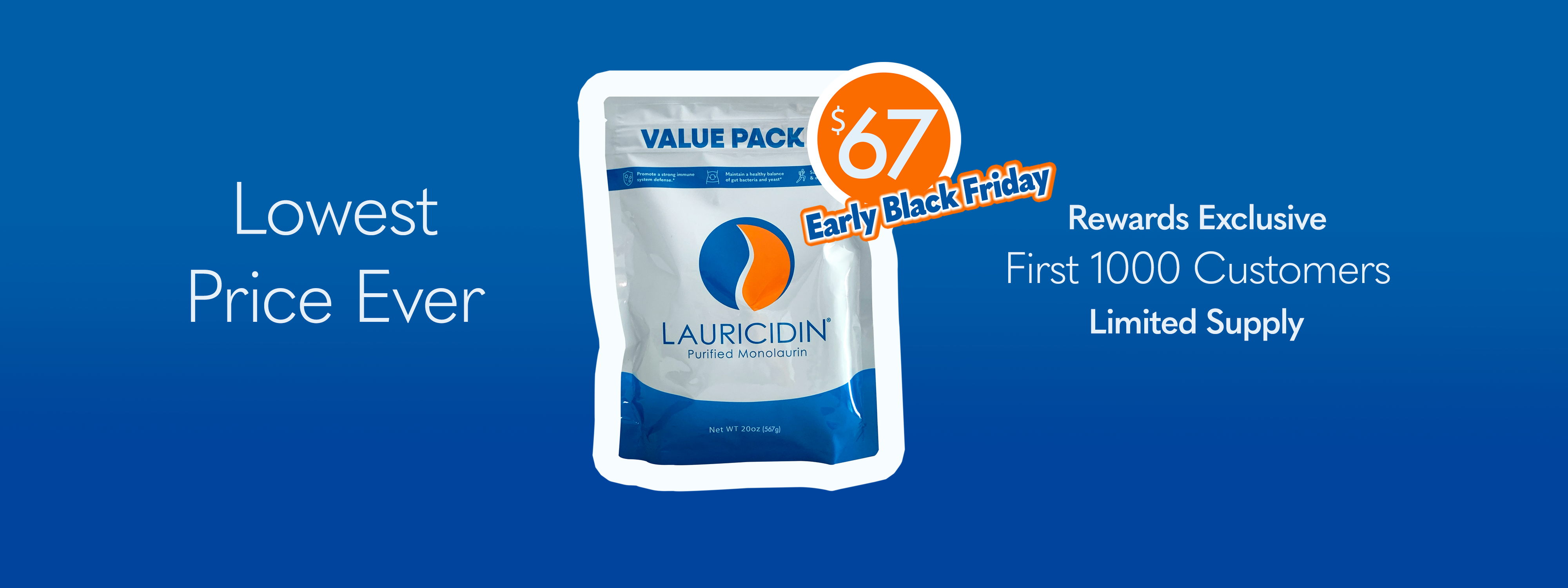Lauricidin product package with promotional text on a blue background