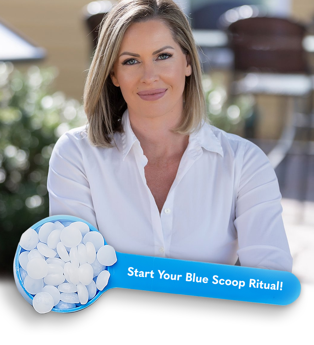 Woman holding a blue scoop filled with white balls with text 'Start Your Blue Scoop Ritual!' in an outdoor setting.