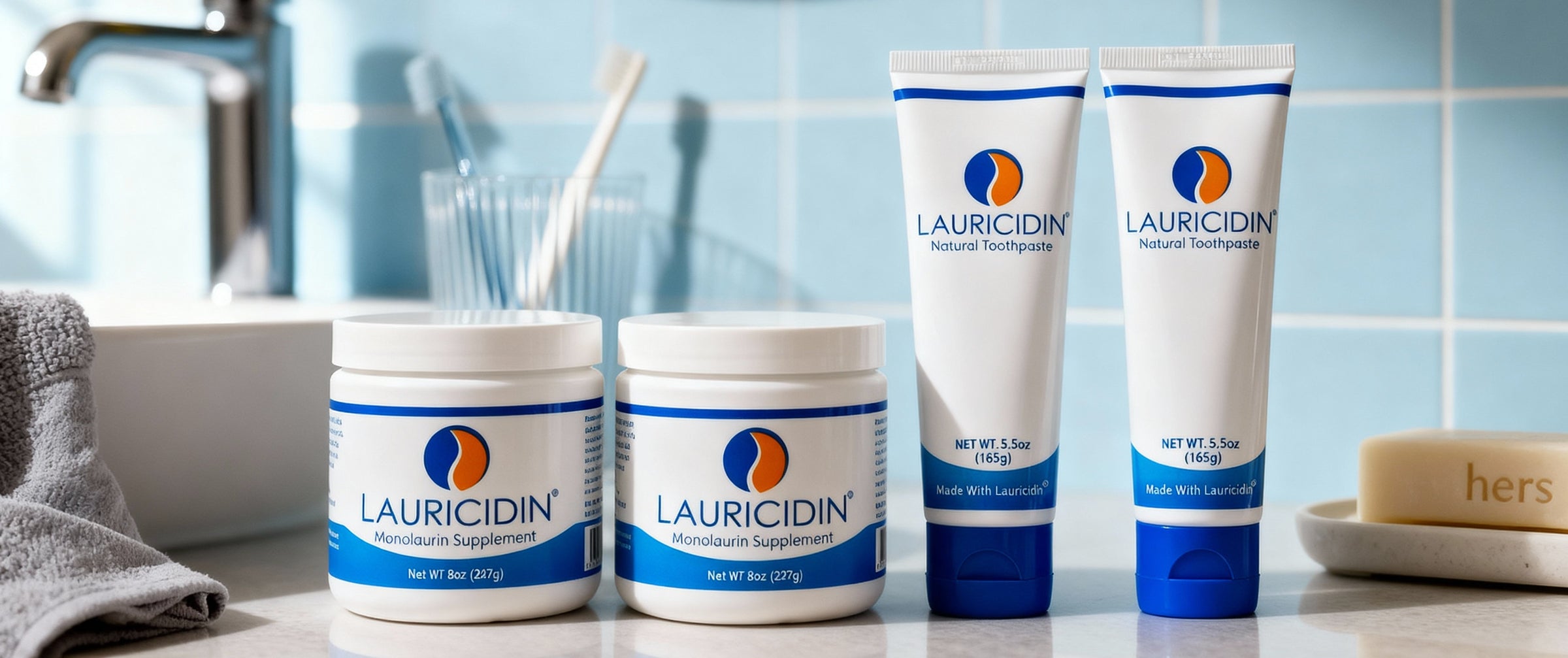 Lauricidin products on a bathroom counter with a mirror and sink in the background.