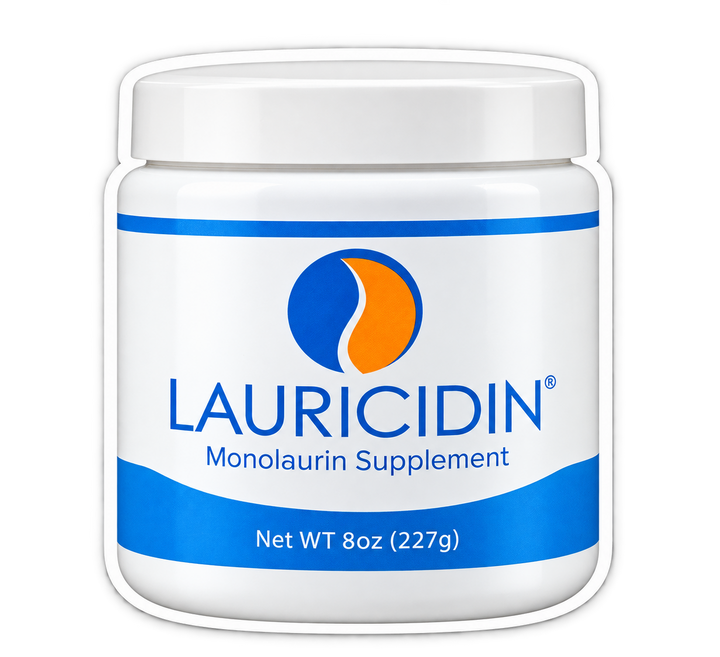 Lauricidin 8 oz monolaurin supplement jar.