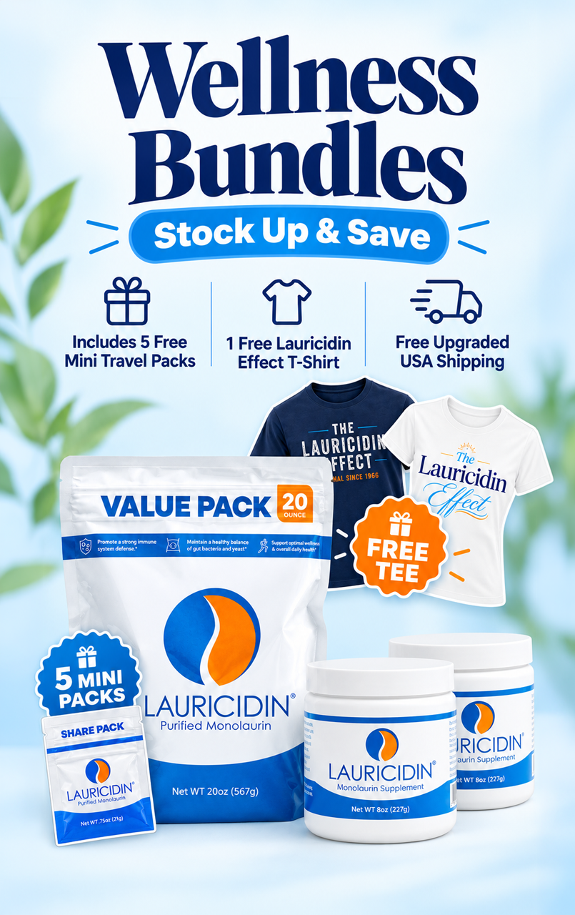 Lauricidin Wellness Bundles: stock up and save with free mini packs, a free tee, and upgraded USA shipping