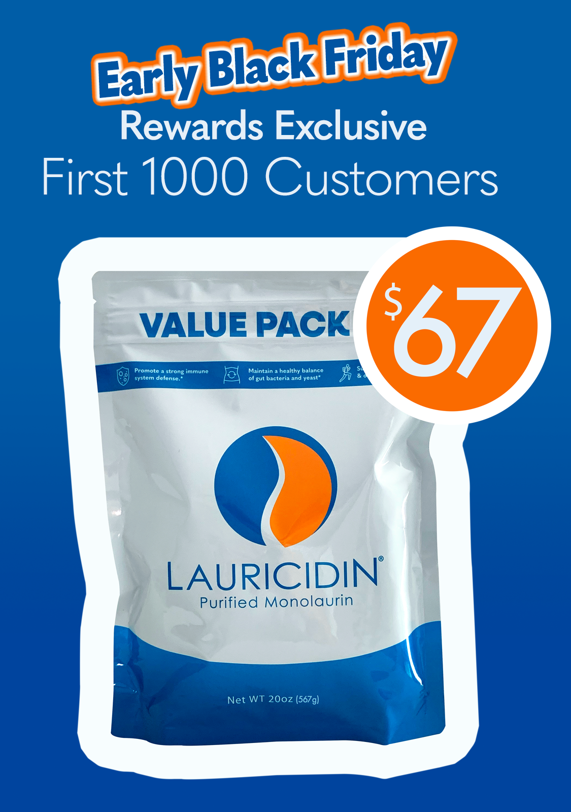 Lauricidin product packaging with promotional text for Early Black Friday offer on a blue background