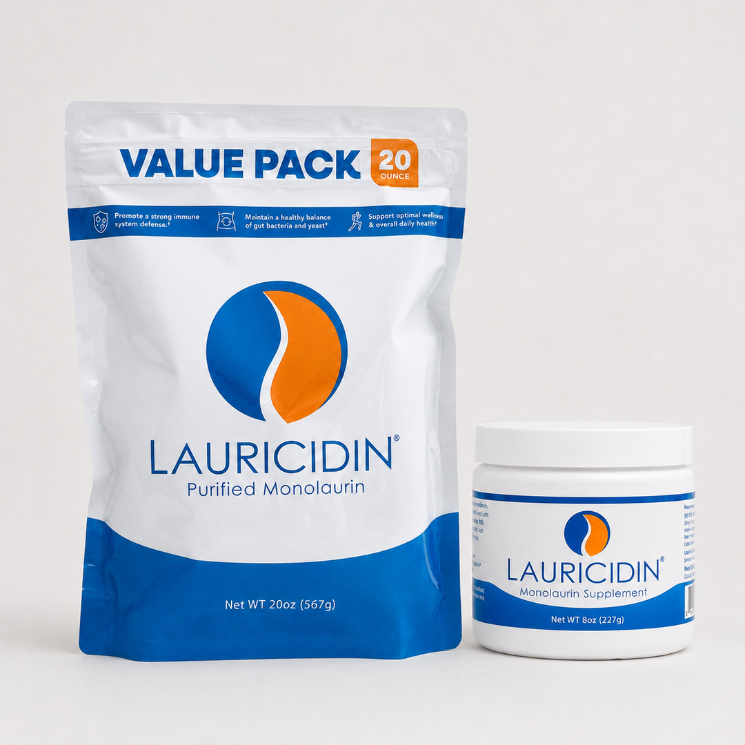 A stand-up pouch and a small jar of Lauricidin Purified Monolaurin supplement on a light gray studio background. The pouch is white with blue and orange graphics and reads 'VALUE PACK 20 OZLES.