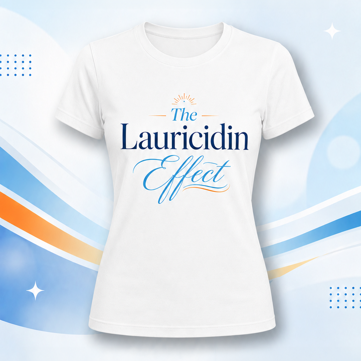 A white short-sleeve crewneck t-shirt with a graphic print reading 'The Lauricidin Effect' in navy and light blue script, displayed against a light blue and white abstract background with decorative dots and curved stripes.