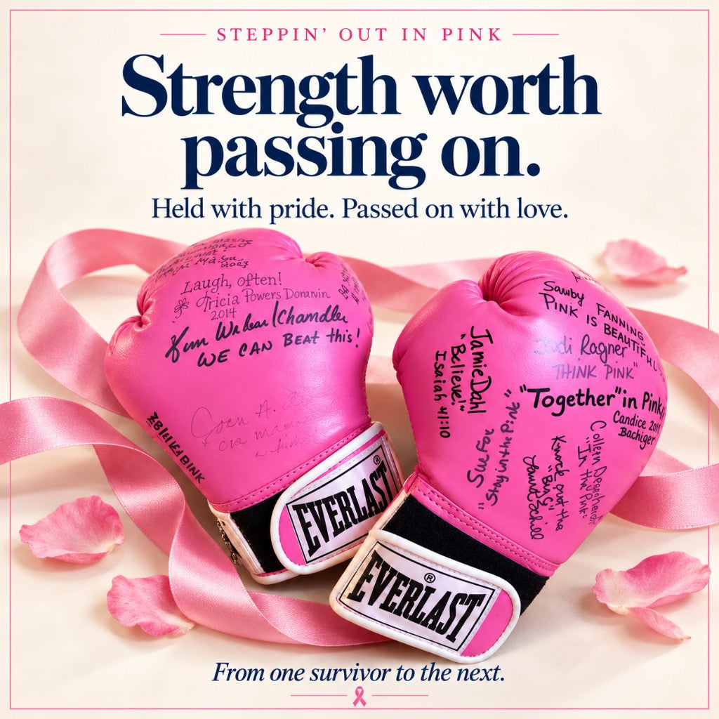 Pink boxing gloves with the line Strength worth passing on. From one survivor to the next.