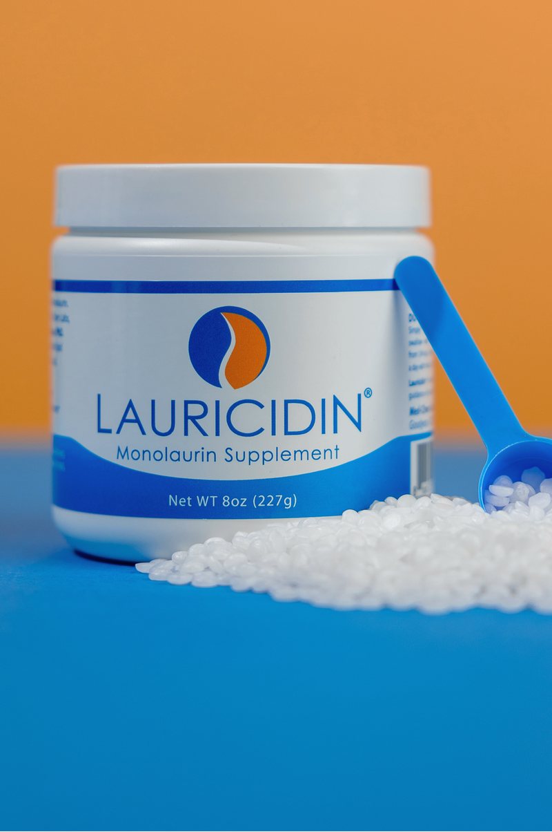 The original Lauricidin jar of purified monolaurin mini-pellets.